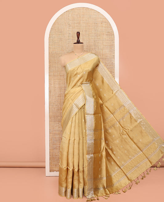 Sandal Banana Pith Saree, Subtly Woven with Square Buttas All Over Its Body, Subtle Traditional Border, Pallu of Buttas and Stripes, and Paired with a Matching Blouse
