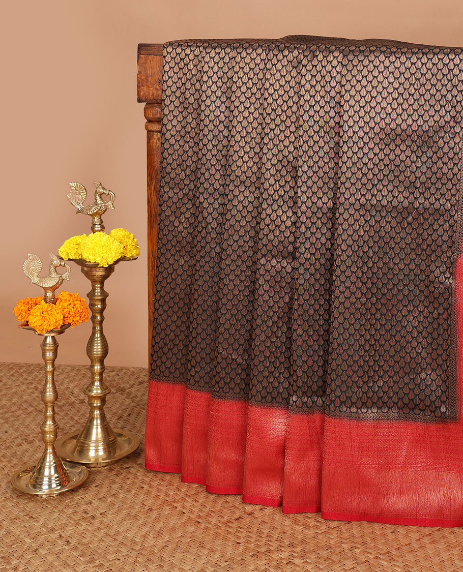 Black with red antique zari weaving banaras softy silk saree with contrast jacquard border & rich pallu along with brocade blouse