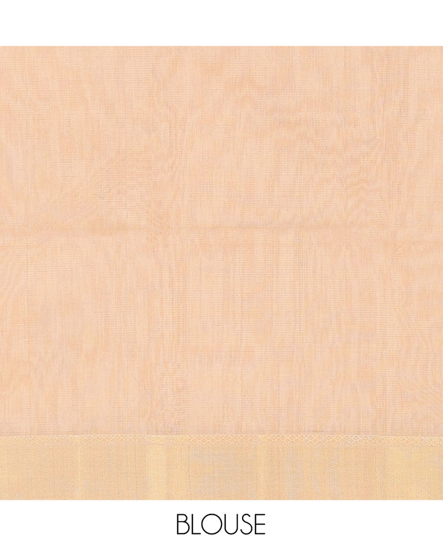 Orange Maheshwari Cotton Saree, Sparsely Woven with Stripes All Over Its Body, Complemented by Contrast Zari Bavanji Border, Pallu of Zari Stripes, and Paired with a Contrast Blouse