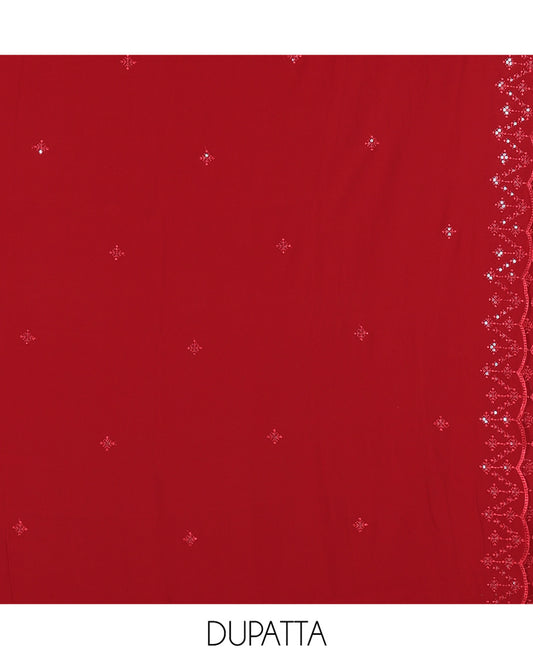 Maroon Georgette Material Churidar, Woven with Sequins Embroidered Top, a Matching Bottom, and Embroidered Dupatta