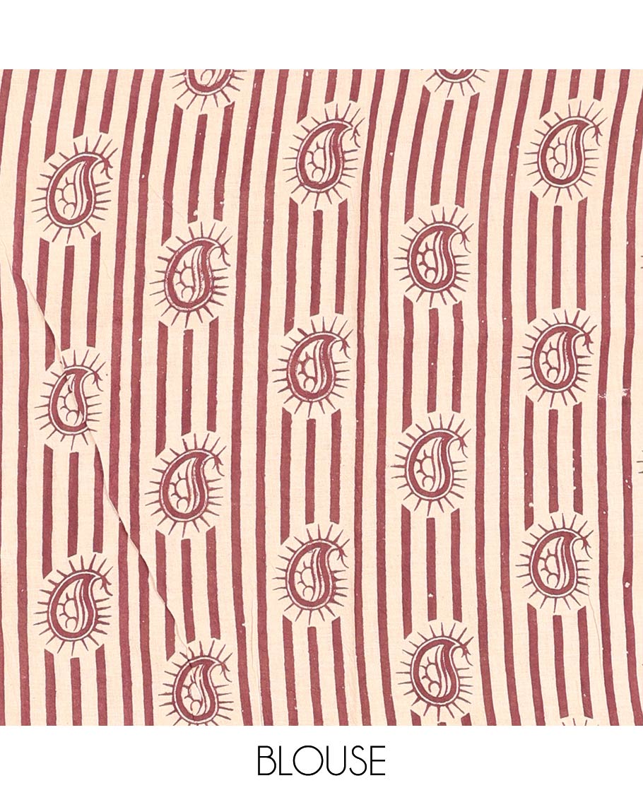 Sandal Machine-Printed Kalamkari Cotton Saree Features Flora-Fauna Motifs, a Contrast Peacock Border, Kalamkari Printed Pallu, and a Matching Blouse