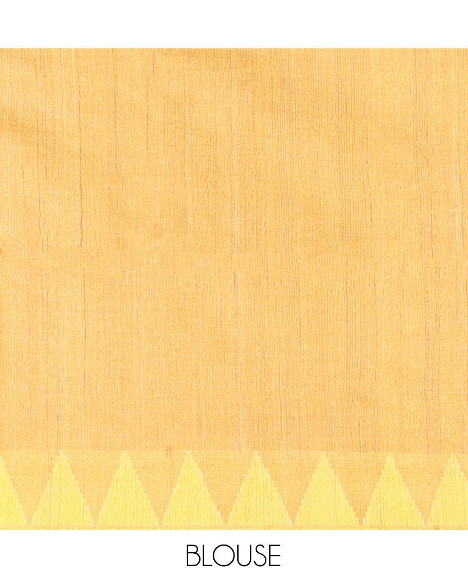Yellow Tussar Silk Saree, Meticulously Crafted with Paisley Print, Complemented by Contrast Temple Border, Striped Pallu, and a Matching Blouse