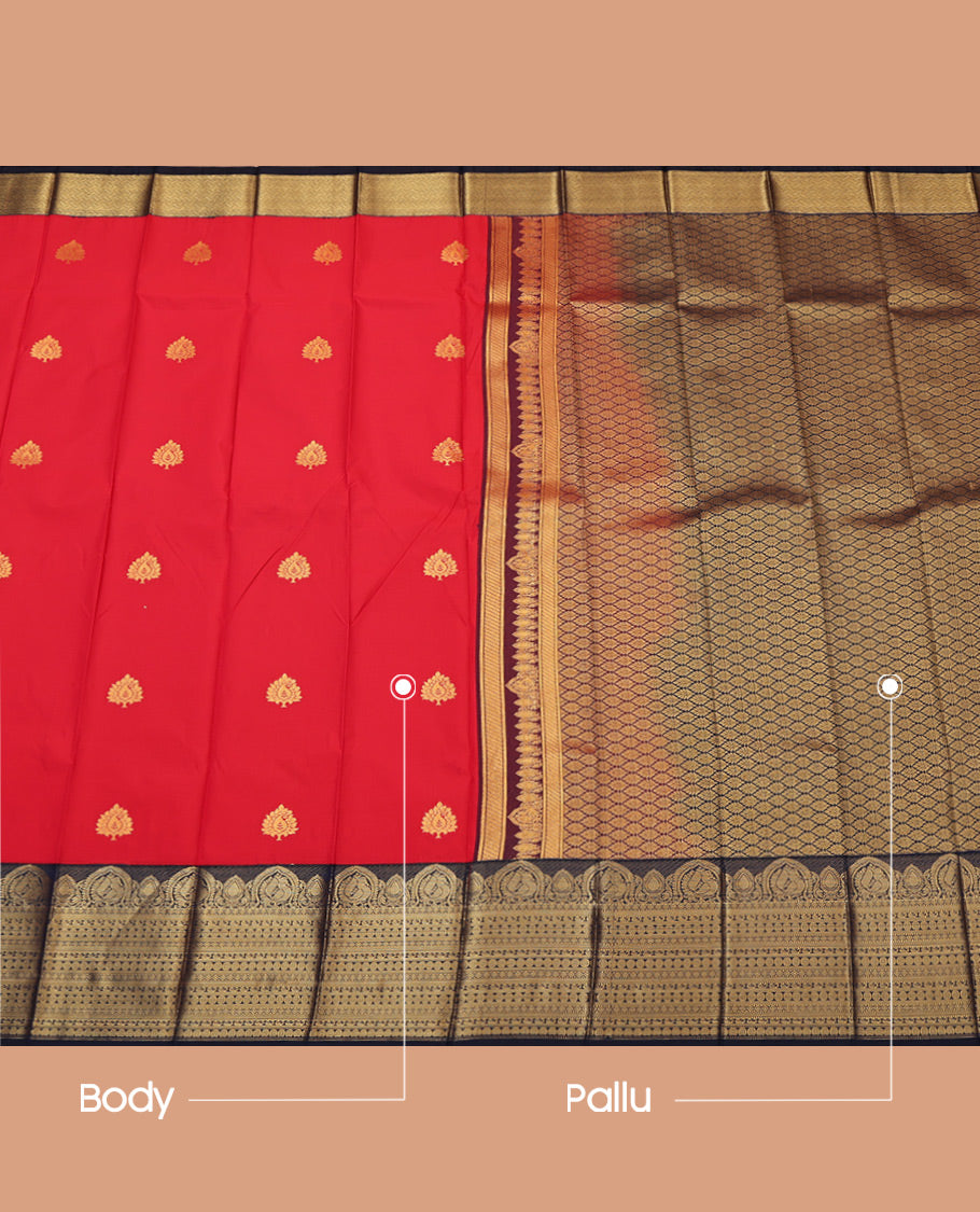 Red Budget Silk Saree, Beautifully Bedecked with Zari Buttas, Complemented by a Contrast Traditional Zari Border, Grand Pallu, and Contrast Blouse
