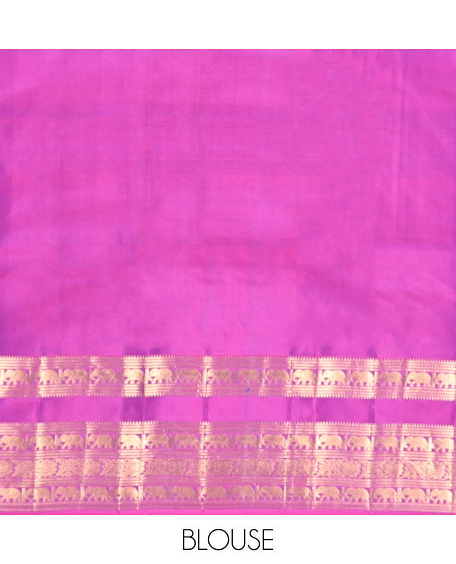 Blue Vasundhara Silk Saree, Enthralled with Zari Buttas and Checks, Contrast Border of Rekku, Muthu, Banaras, Mayil, and Chakram Designs, Grand Pallu, and Contrast Blouse