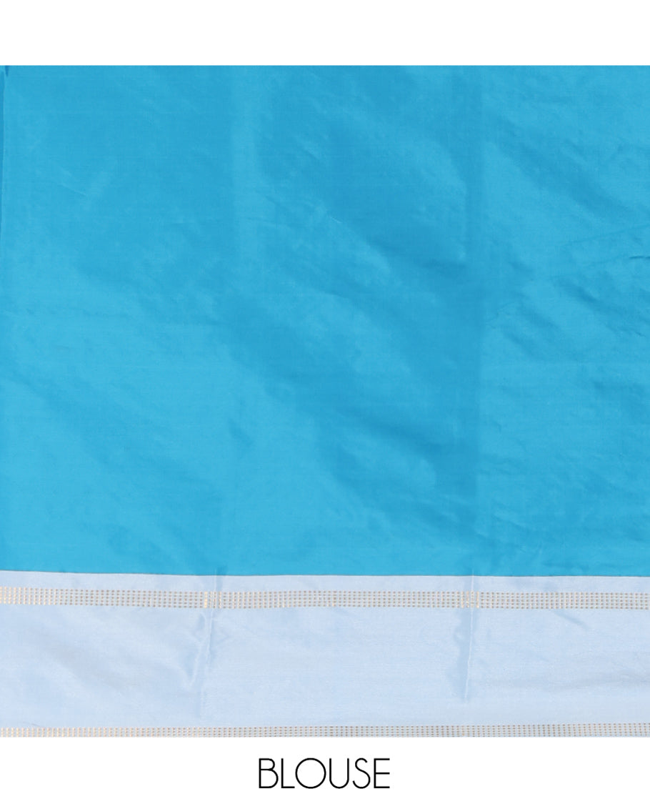 Blue Arani Saree, Features Zari Butta Enclosed Checks, a Contrast Bodi Border, Pallu of Zari Stripes, and a Matching Blouse