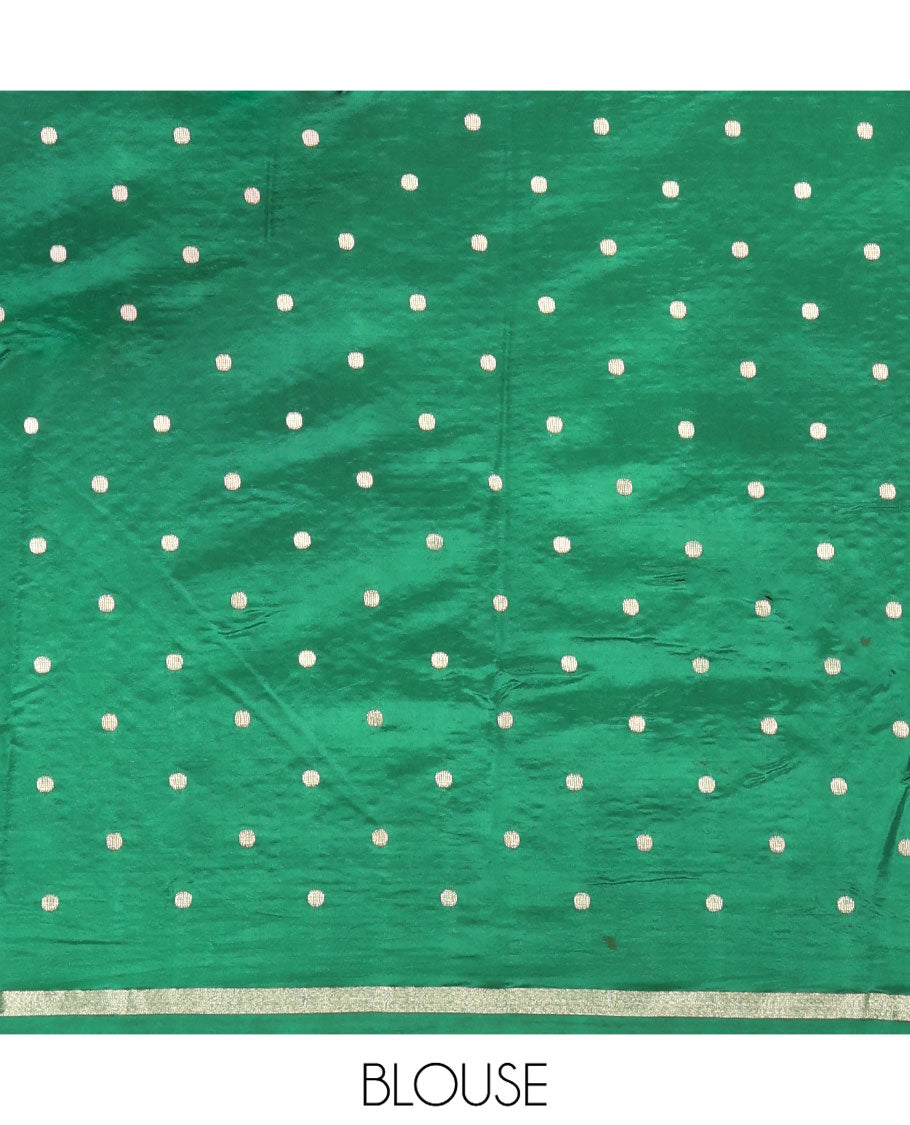 Yellow Dupion Silk Saree, Spotlighted with Zari Buttas and Micro-Checks, Contrast Traditional Zari Design Border, Zari Striped Pallu, and a Contrast Blouse