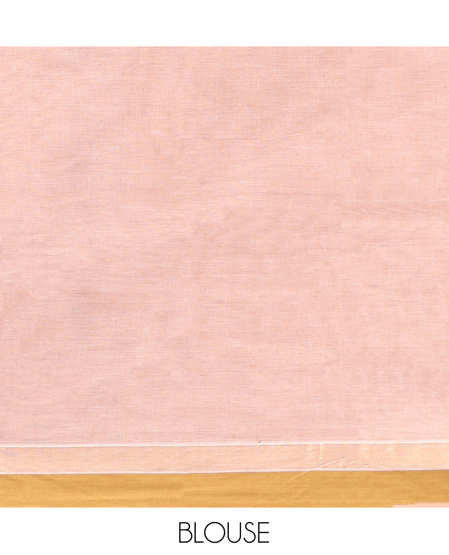 Pale Pink Kanchi Cotton Saree Features Thread Buttas on Its Body, Complemented by a Contrast Border, Floral-Design Pallu, and a Matching Blouse