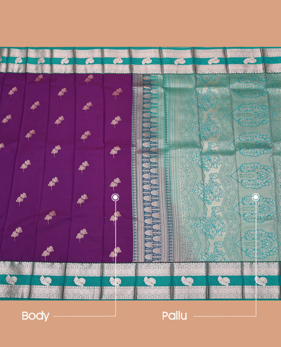 Violet Budget Silk Saree, Enriched with Zari Buttas, Complemented by a Contrast Traditional Zari Border, Grand Pallu, and Contrast Blouse