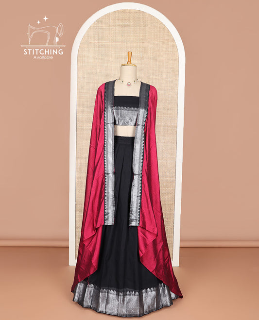 Black cotton half saree with contrast intricate zari design border, zari design blouse & zari design border dhavani