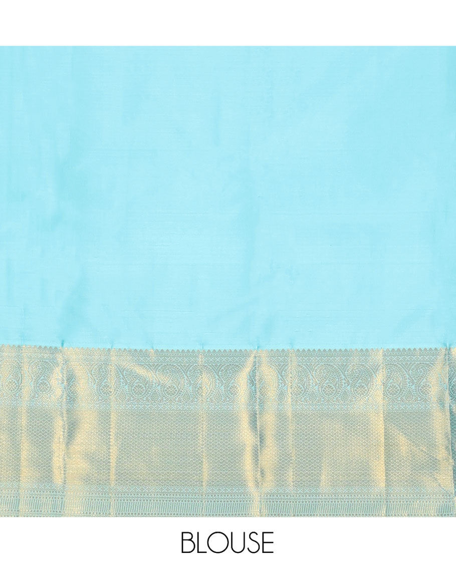 Pale Blue Jacquard Kanchipuram Wedding Silk Saree, Highlighted by a Zari Border of Thilakam Mokku, Arumbu Manga, and Mayil Kann Designs, Grand Jaal Pallu, and Matching Blouse
