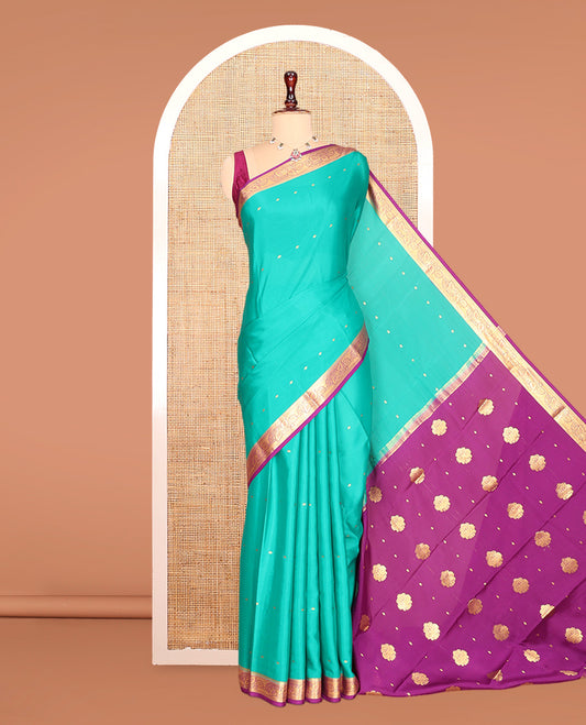 Turquoise Zari Buttas Mysore Silk Saree, Complemented by a Contrast Traditional Zari Border, Zari Design Pallu, and a Contrast Blouse
