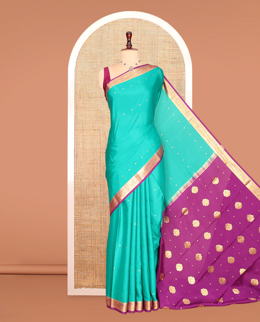Turquoise Zari Buttas Mysore Silk Saree, Complemented by a Contrast Traditional Zari Border, Zari Design Pallu, and a Contrast Blouse