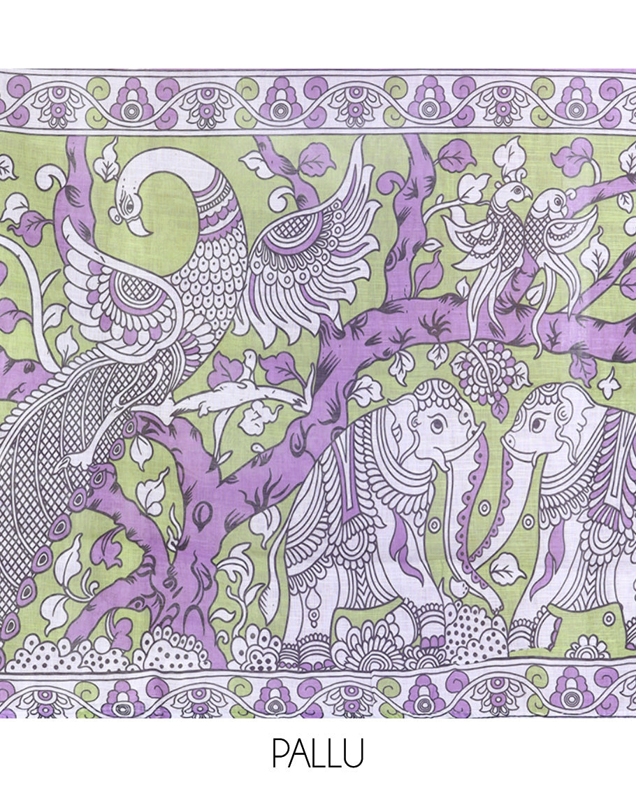 Lavender Linen Cotton Saree Features Kalamkari Human Figurines, a Piping Border, Kalamkari Pallu, Contrast Blouse