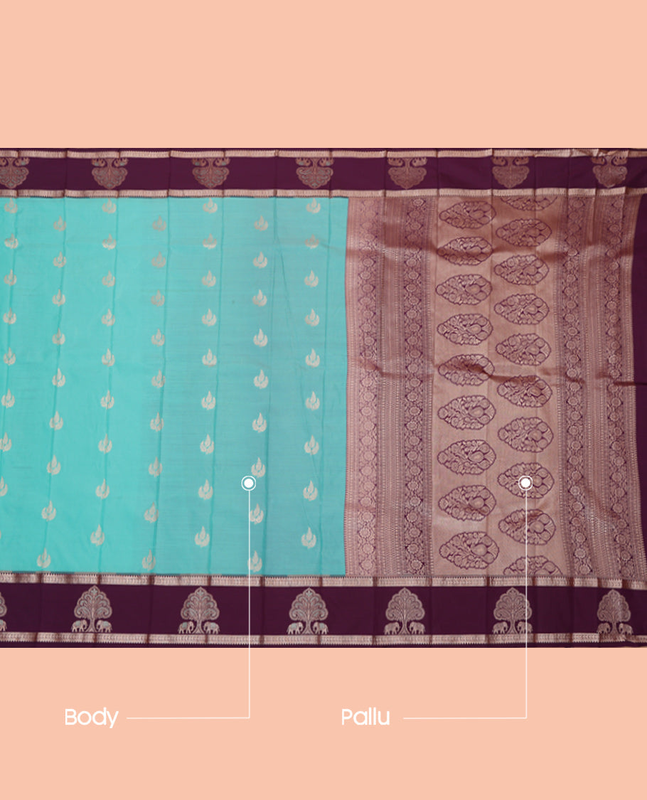 Blue Budget Silk Saree, Woven with Zari Buttas, Complemented by a Contrast Temple Elephant Motif Border, Grand Pallu, and a Contrast Blouse