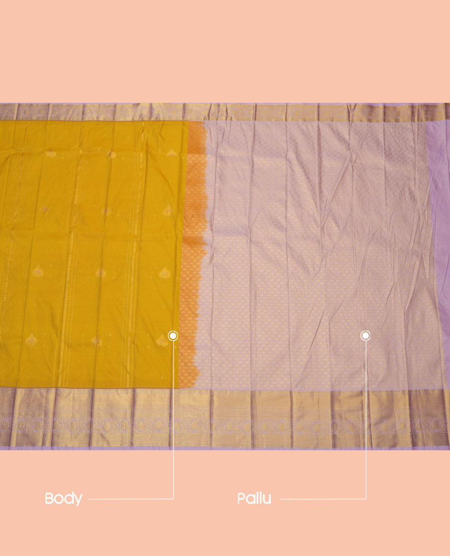 Yellow Budget Silk Saree, Ornamented with Zari Buttas and Stripes, Complemented by a Contrast Traditional Zari Border, Grand Jaal Pallu, and Contrast Blouse