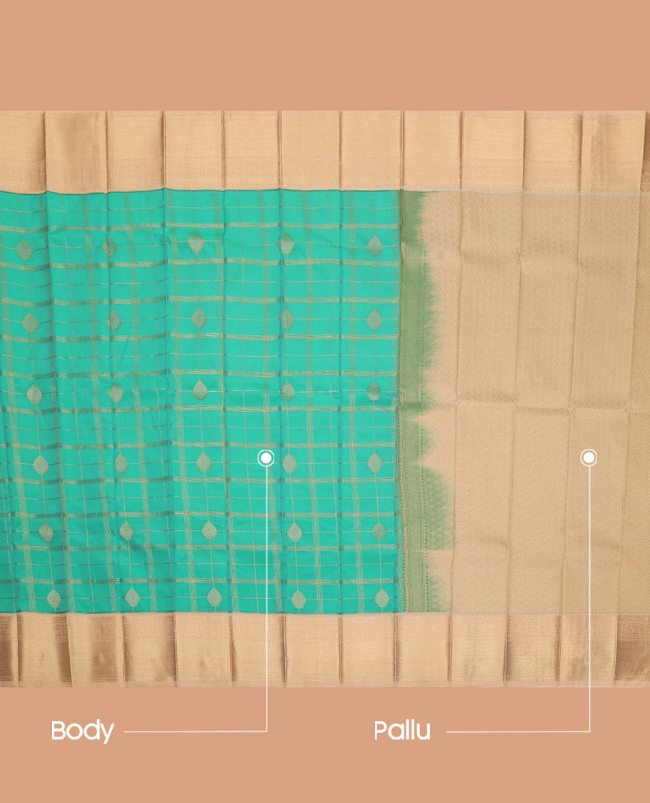 Turquoise Budget Silk Saree, Woven with Zari Butta Enclosed Checks, Complemented by a Contrast Traditional Zari Border, Grand Pallu, and Contrast Blouse