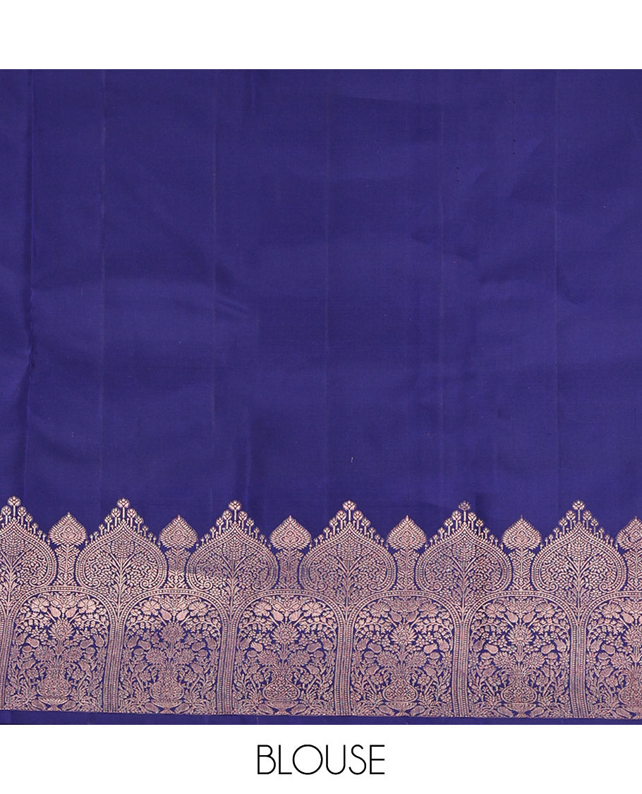 Blue Kanchipuram Silk Saree, Enthralled with Zari Buttas All Over Its Body, Highlighted by a Zari Border of Mughal-Style Designs, Grand Pallu, and Paired with a Matching Blouse