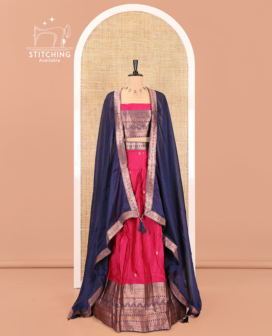 Rani Pink Semi-Banarasi Half-Saree Featuring Buttas Skirt, Contrast Traditional Border, Matching Blouse, Satin Georgette Dhavani