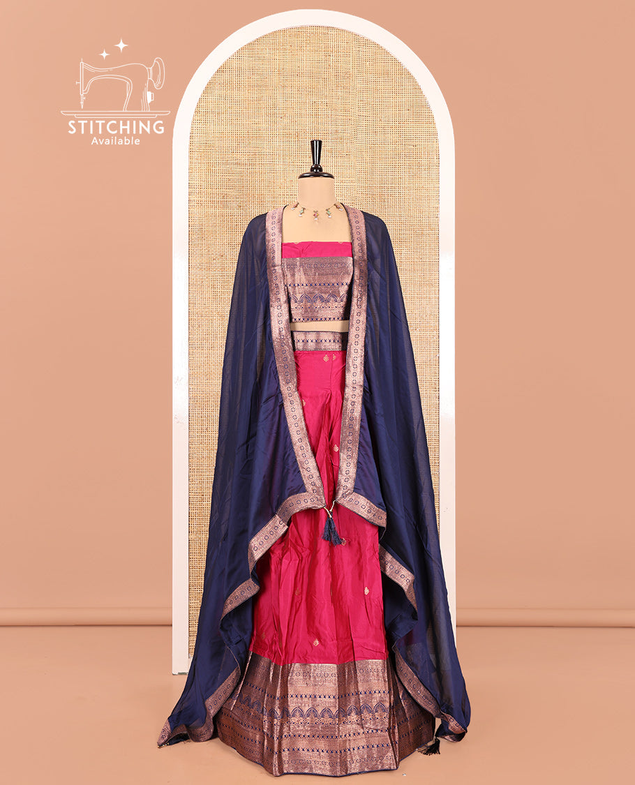 Rani Pink Semi-Banarasi Half-Saree Featuring Buttas Skirt, Contrast Traditional Border, Matching Blouse, Satin Georgette Dhavani