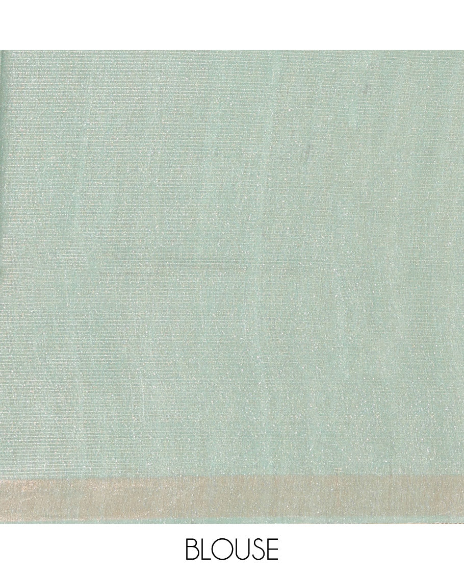 Green Tussar Silk Saree, Embellished with Floral Motifs Print and Sparley Woven Checked Design on Its Body, a Subtle Border, Pallu of Stripes, and Paired with a Matching Blouse