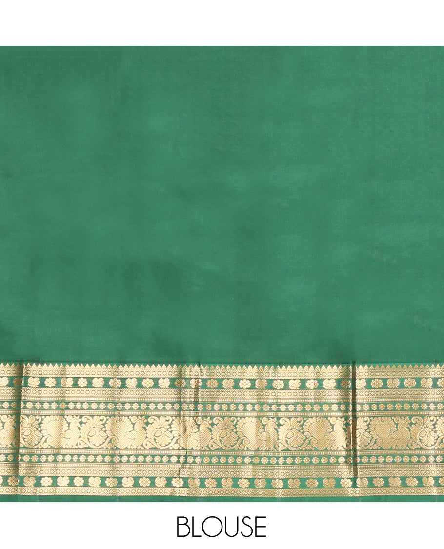 Yellow Vasundhara Silk Saree, Sparsely Woven with Zari Buttas, Contrast Border of Rekku, Kamalam, and Mayil Designs, Grand Pallu, and a Contrast Blouse