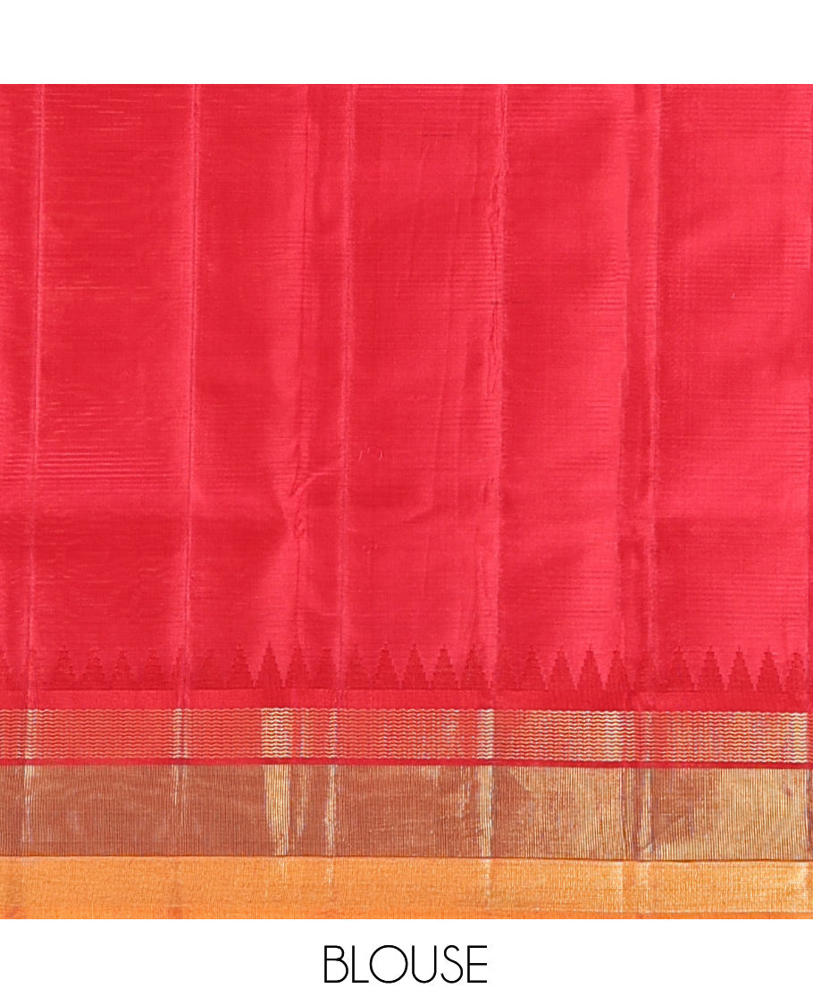 Green-Striped Bangalore Silk Saree, Complemented by a Contrast Temple Ganga-Jamuna Border, Pallu of Temple and Neli Designs, and a Contrast Blouse