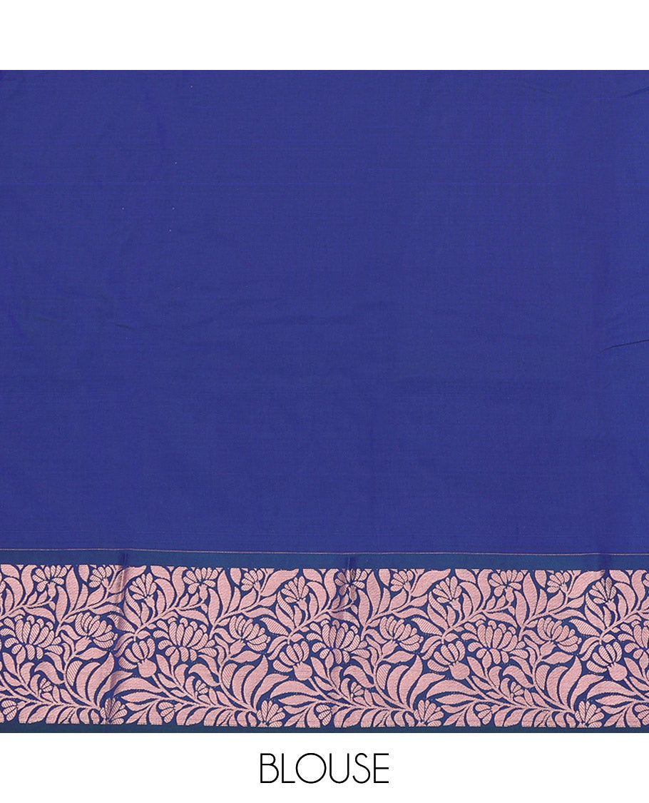 Violet Art Silk Pavadai Material Set Enriched with Floral Zari Buttas All Over the Skirt, Complemented by a Contrast Floral Jaal Zari Border, and Paired with a Contrast Blouse