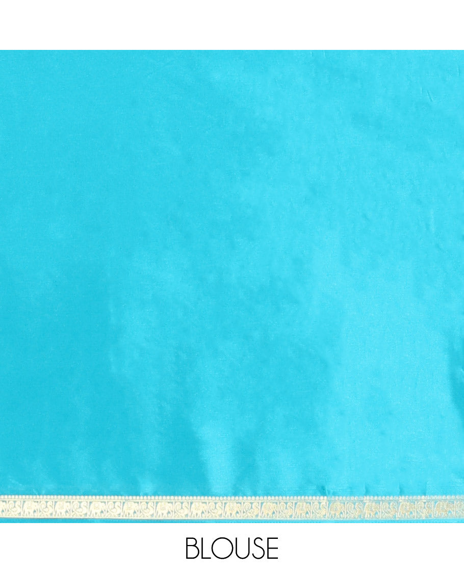 Rama Blue Plain Semi-Mysore Saree, a Zari Elephant-Peacock Butta Border, Striped Pallu, Matching Blouse