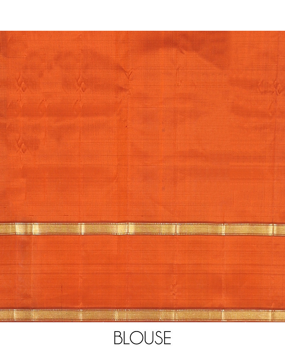 Orange Kanchipuram Silk Saree, Sparsely Woven with Muthu Zari Stripes, Highlighted by Rettai Pettu Traditional Border, Zari Striped Pallu, and a Matching Blouse