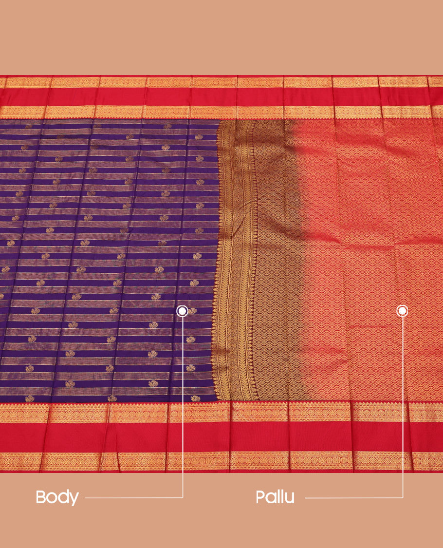 Violet Budget Silk Saree, Enthralled with Peacock Zari Buttas and Stripes on Its Body, Complemented by a Contrast Traditional Zari Rettai Pettu Border, Grand Jaal Pallu, and Paired with a Contrast Blouse