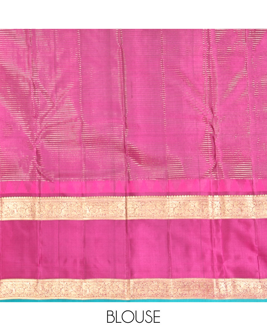 Brown Vasundhara Silk Saree, Elegantly Highlighted with Zari Buttas and Checks, a Contrast Temple Rettai Pettu Border of Thilakam Mokku, and Mayil, Intricate Pallu, and a Contrast Blouse