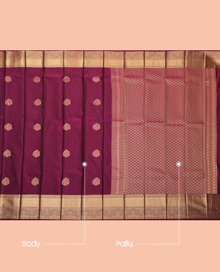 Wine Budget Silk Saree, Bedecked with Zari Buttas, Highlighted by a Traditional Zari Border, Jaal Pallu, and Matching Blouse