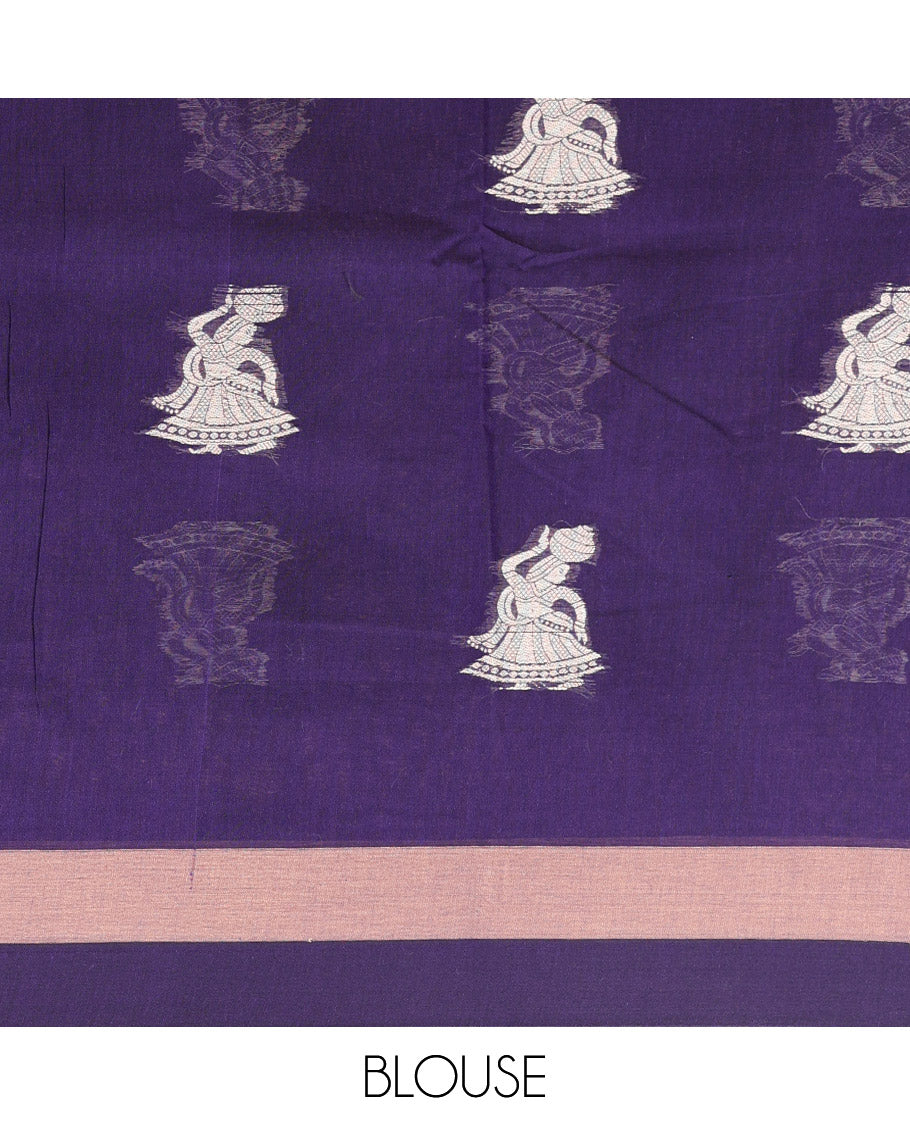 Blue Narayanapet Cotton Saree Adorned with Girl with a Pot Motifs, Subtle Self-Border, Pallu Mirrors the Same Body Motifs, and Paired with a Matching Blouse