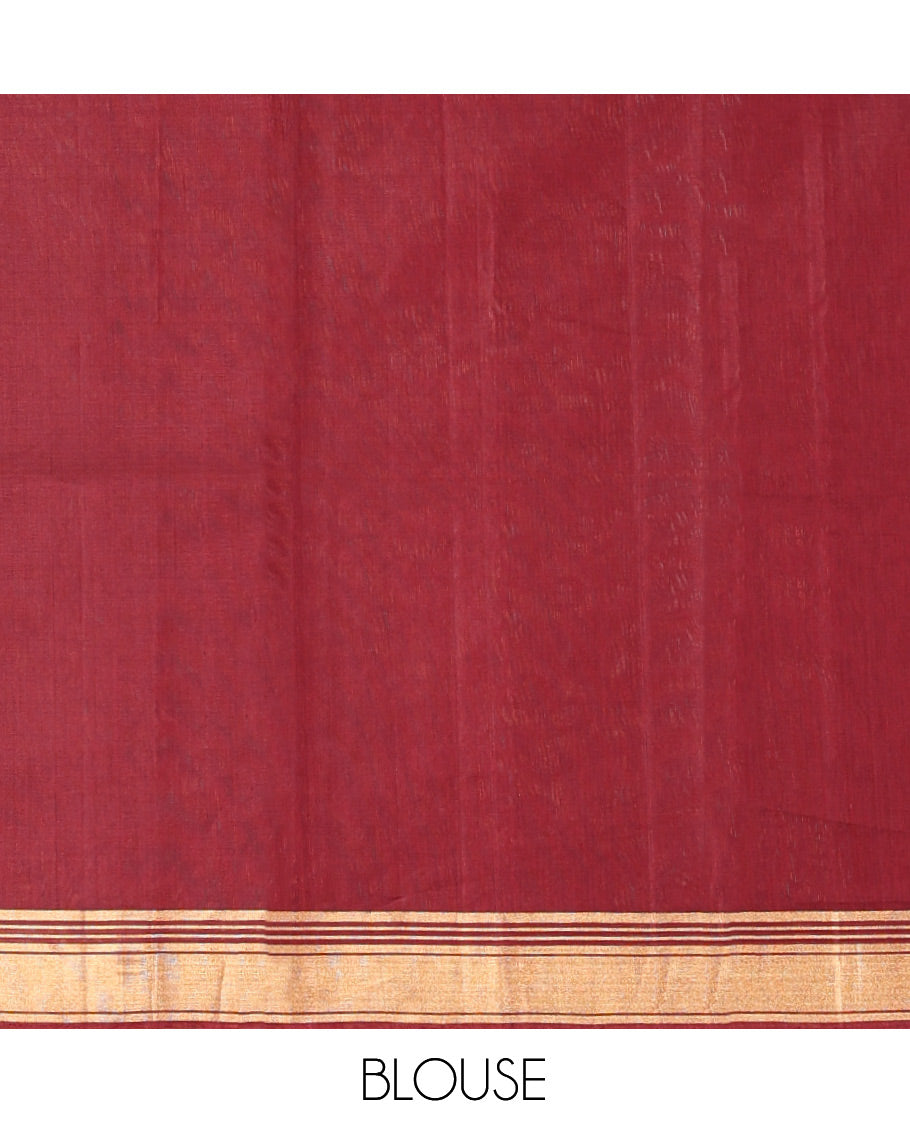 Brown Silk Cotton Saree, Beautified with Buttas, a Contrast Zari Border,  Pallu of Intricate Designs, and a Contrast Blouse