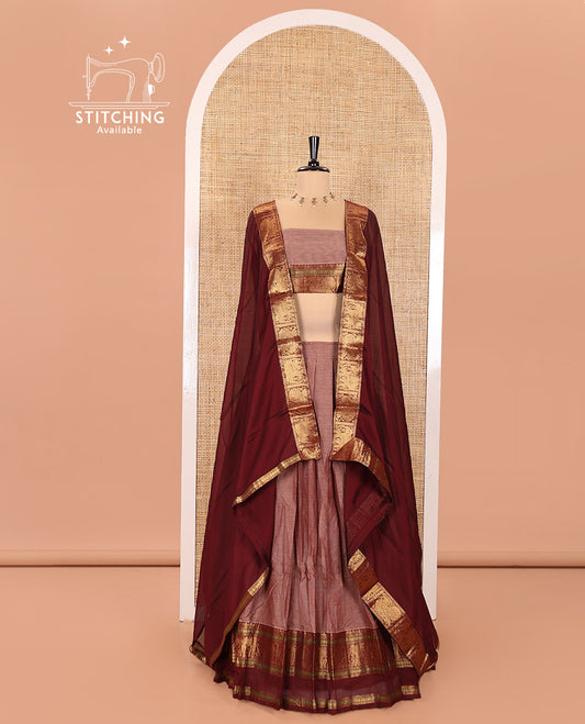Onion and Maroon Chettinad Cotton Half-Saree Featuring Plain Skirt, Complemented by Contrast Rettai Pettu Traditional Border of Peacock and Elephant Designs, Paired with a Matching Blouse, and a Satin Georgette Zari Bordered Dhavani