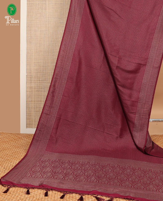 Wine antique zari weaving softy silk saree with antique zari border & small zari butta blouse