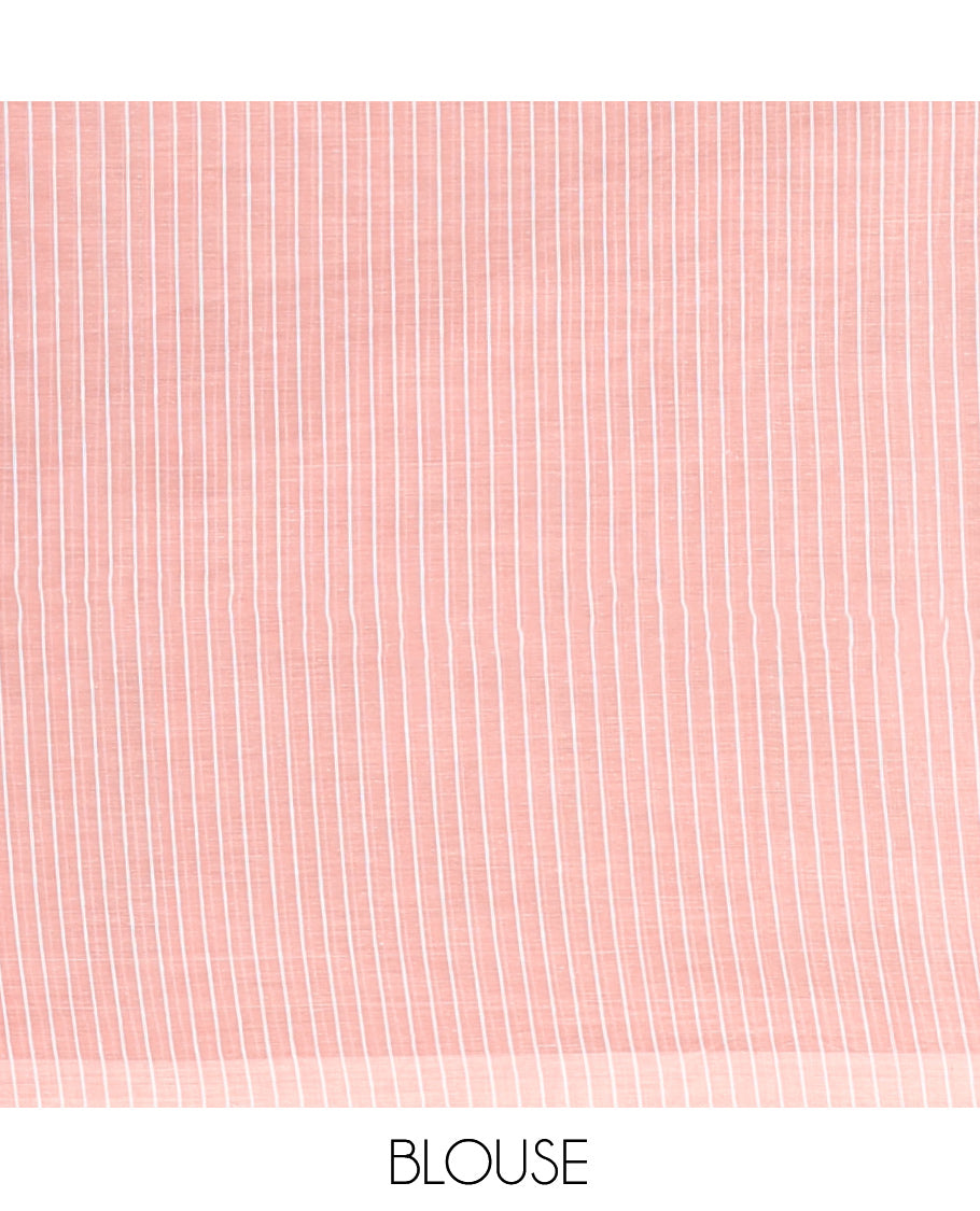 Borderless Pink-Grey Jute Cotton Saree, Steeped with Tropical Floral Print, a Subtly Striped Pallu, and a Contrast Blouse
