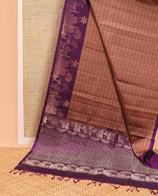 Brown striped, floral motifs mayuri soft silk saree with self floral designb order & intricate zari design pallu
