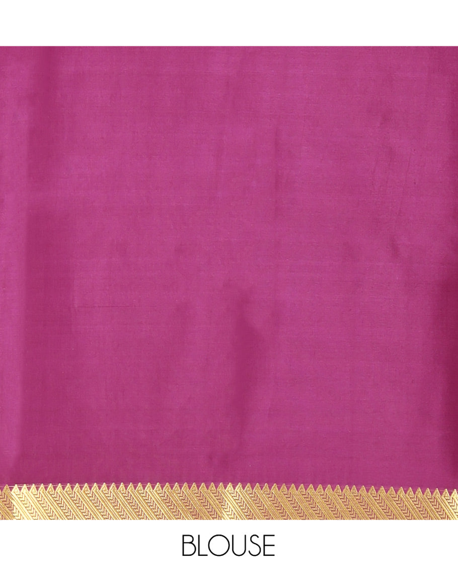 Magenta Mysore Silk Saree Features Checked Pattern, Complemented by Double-pet Zari Border, an Grand Pallu, and a Matching Blouse