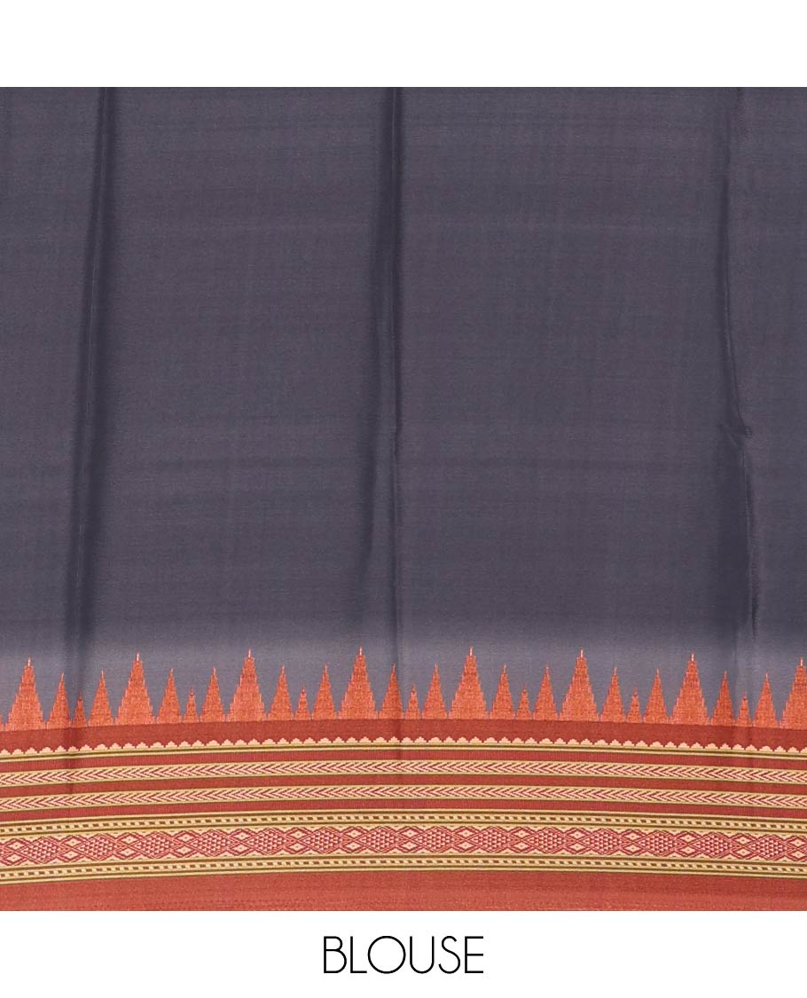 Blue patola style geometric printed Italian Crepe saree, contrast temple ikkat printed border, Kalamkari printed pallu, and a printed bordered blouse