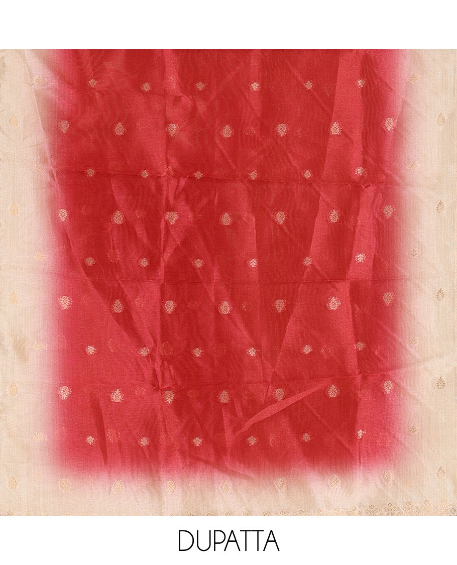 Chikku-Pink Semi-Tussar Material Chudiddar, Buttas and Neck Work Top, Contrast Bottom, Buttas Dupatta