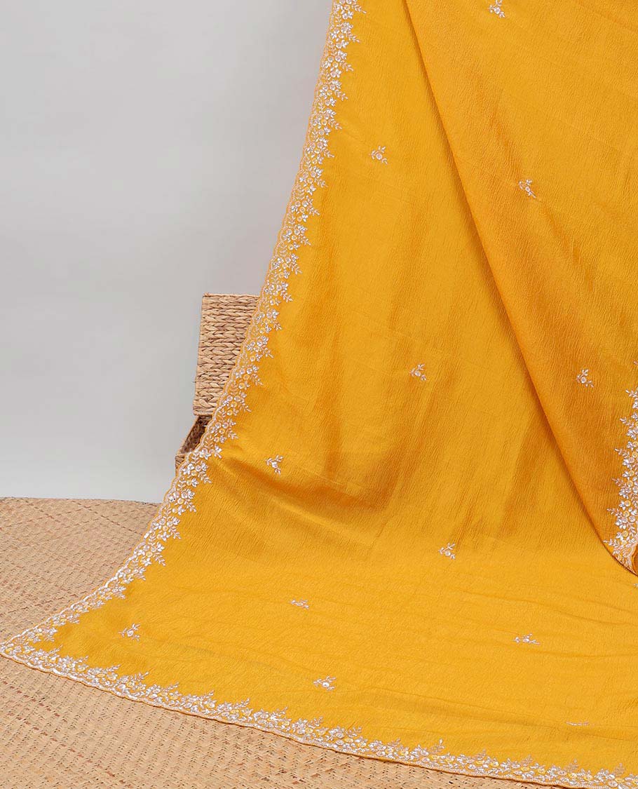 Yellow all-over floral motifs embroidered with floral embroidered scallop border