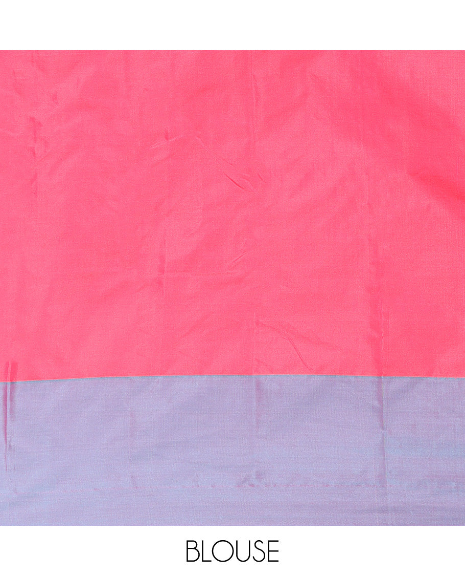 Pink Aarani Silk Saree, Decorated with Zari Buttas All Over Its Body, Complemented by a Contrast Zari Striped Border, Striped Pallu, and Paired with a Matching Blouse