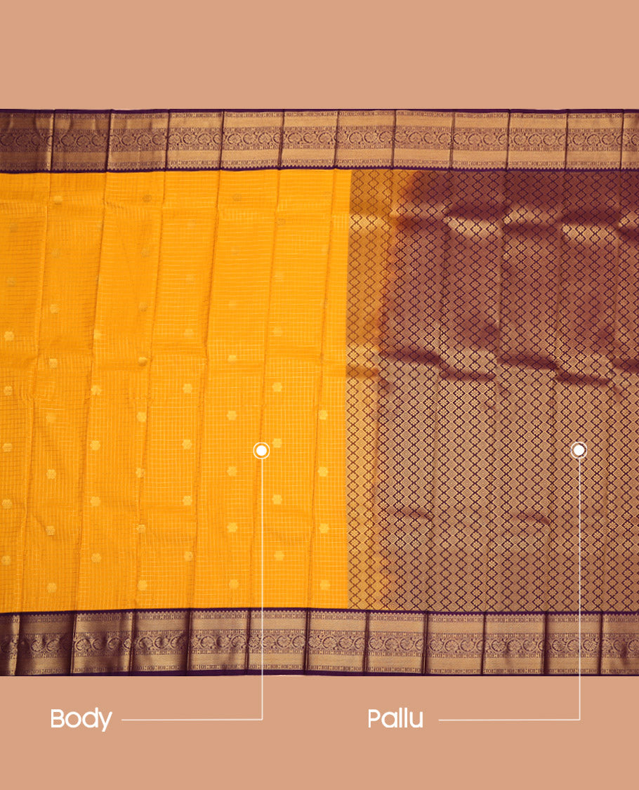 Yellow Budget Silk Saree, Graced with Zari Buttas and Micro-Checks, Complemented by a Contrast Traditional Zari Border, Jaal Pallu, and a Contrast Blouse