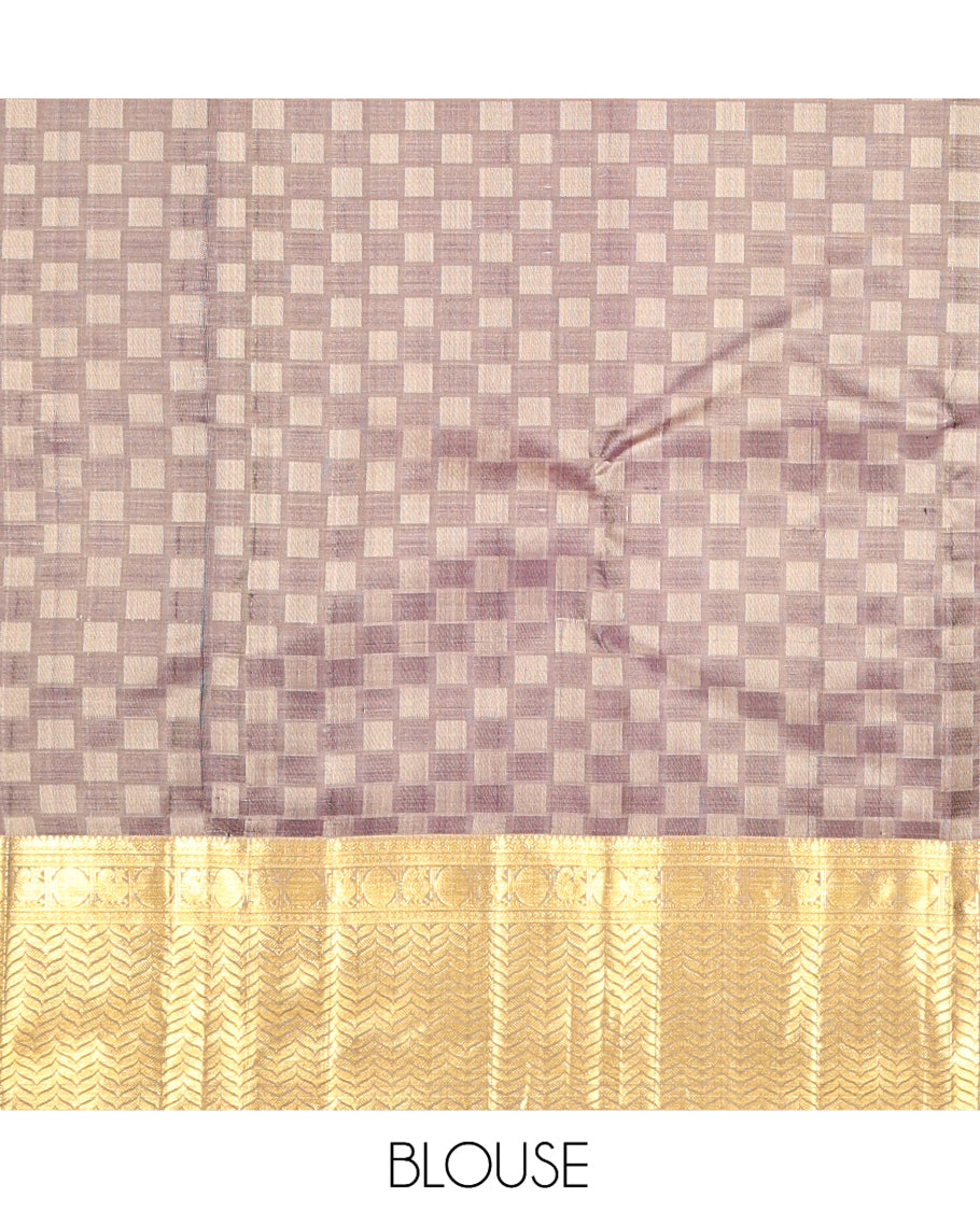 Brown Embossed Parambara Silk Saree, a Zari Border of Banaras, Diamond, Mayil, Poun, and Vanki Designs, Vanki Pallu, and Matching Blouse