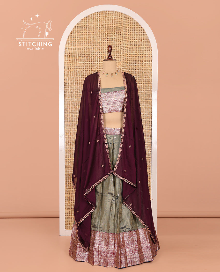 Steel Grey-Wine Banarasi Silk Half-Saree Features Buttas Skirt, Contrast Traditional Border, Matching Blouse, Contrast Embroidered Dhavani
