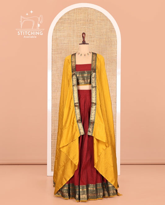 Red-Yellow Chettinad Cotton Half-Saree, Contrast Traditional Annam Bordered Skirt, Matching Blouse, and a Contrast Dhavani