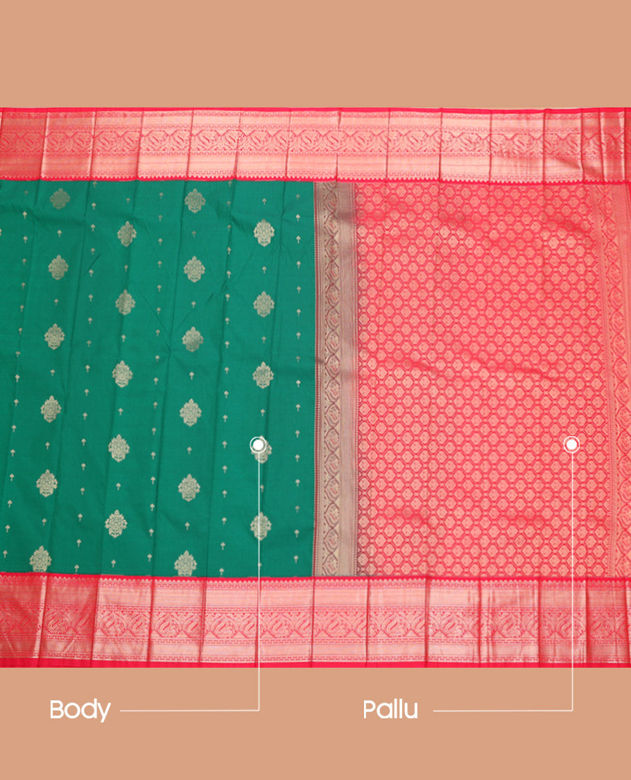 Green Budget Silk Saree, Embellished with Zari Buttas, Complemented by a Contrast Traditional Zari Border, Jaal Pallu, and a Contrast Blouse