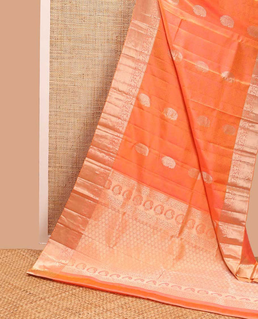 Orange geometric, floral design kancheepuram silk saree with contrast border of poo chakarm, muthu, kodi visiry design & zari design pallu