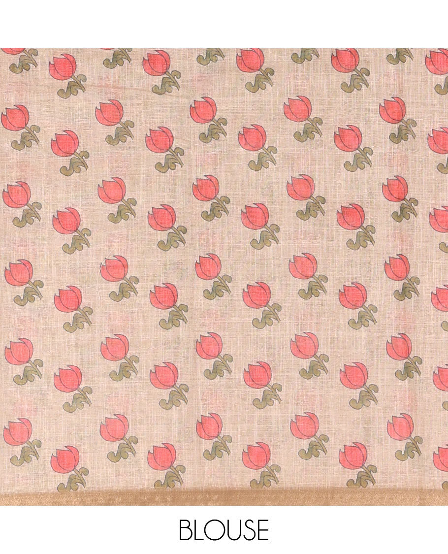 Chikku plain linen cotton saree, floral creeper printed zari piping border, geometric printed pallu, and lotus printed blouse